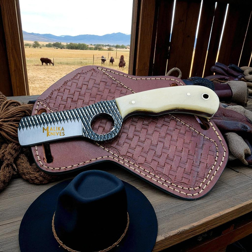 Cowboy Bull Cutter Knife | D2 Rasp Steel Blade | Camel Bone Handle | Leather Sheath
