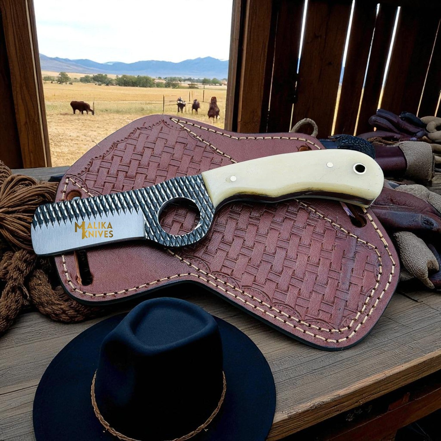 Cowboy Bull Cutter Knife | D2 Rasp Steel Blade | Camel Bone Handle | Leather Sheath