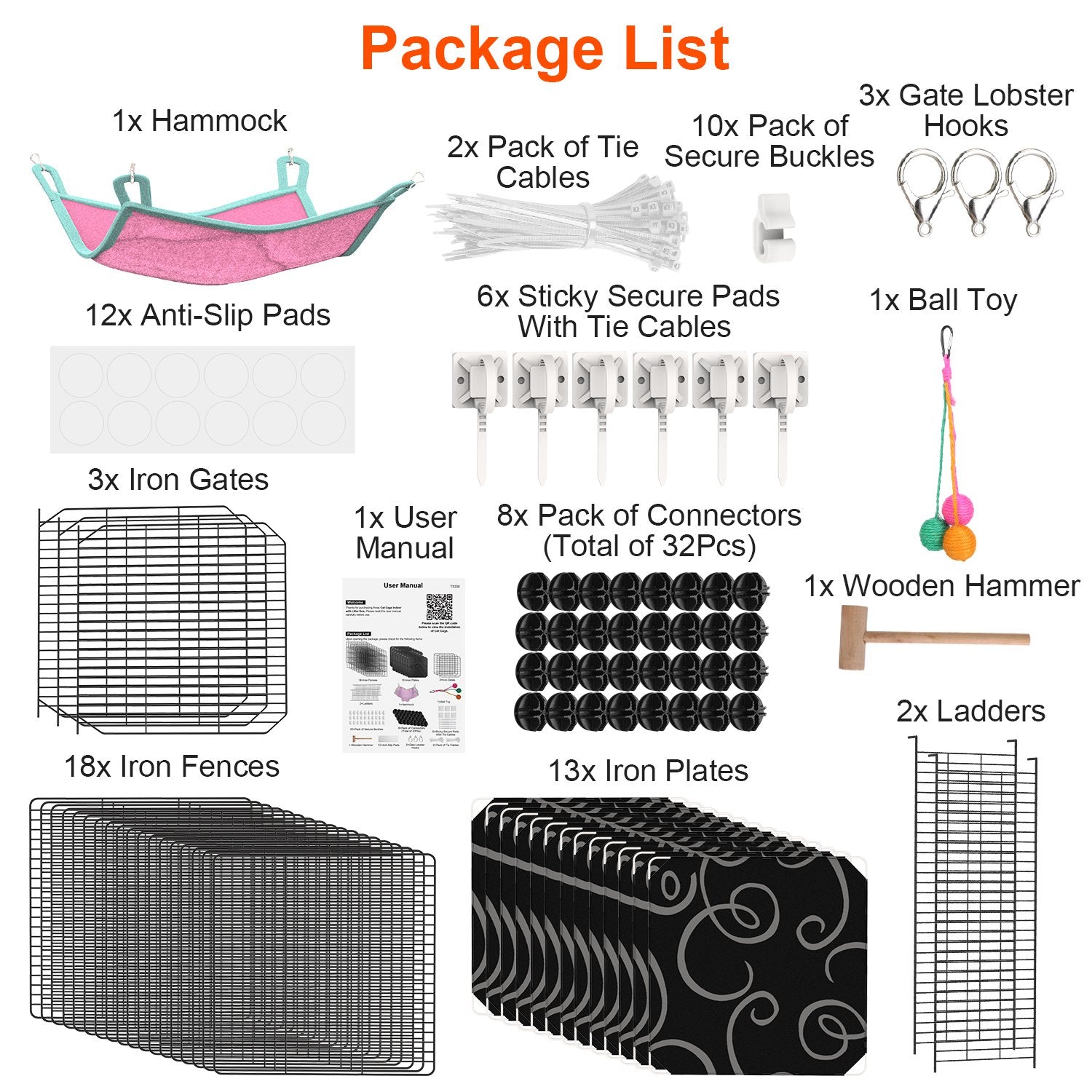 3-Tier Cat Cage Enclosure Indoor Cat Cage Playpen With Hammock Toy Ball Ladder DIY Iron Wire Cat House Kennels Crate For 1-2 Cats Ferret Rabbit Small