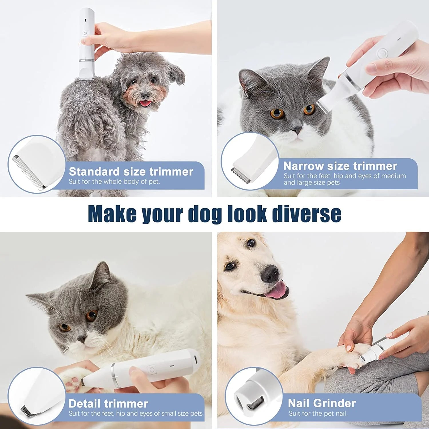 Groom Your Furry Friends Like a Pro! 🐶✂️ Rechargeable, Low Noise Dog Clippers with 4 Trimmer Heads for All Pets!