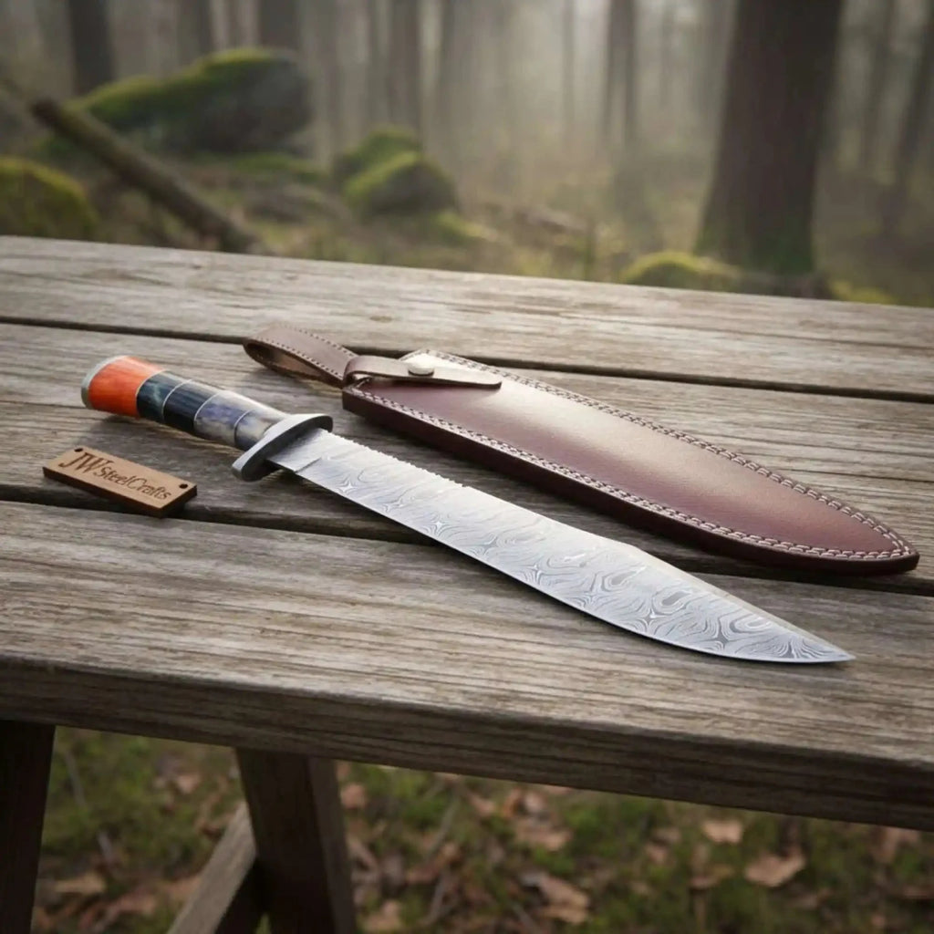 California Clip Point Bowie Knife, Hand Forged Damascus Steel Blade, Stacked Handle Custom Bowie, Handmade Knife JW SteelCrafts