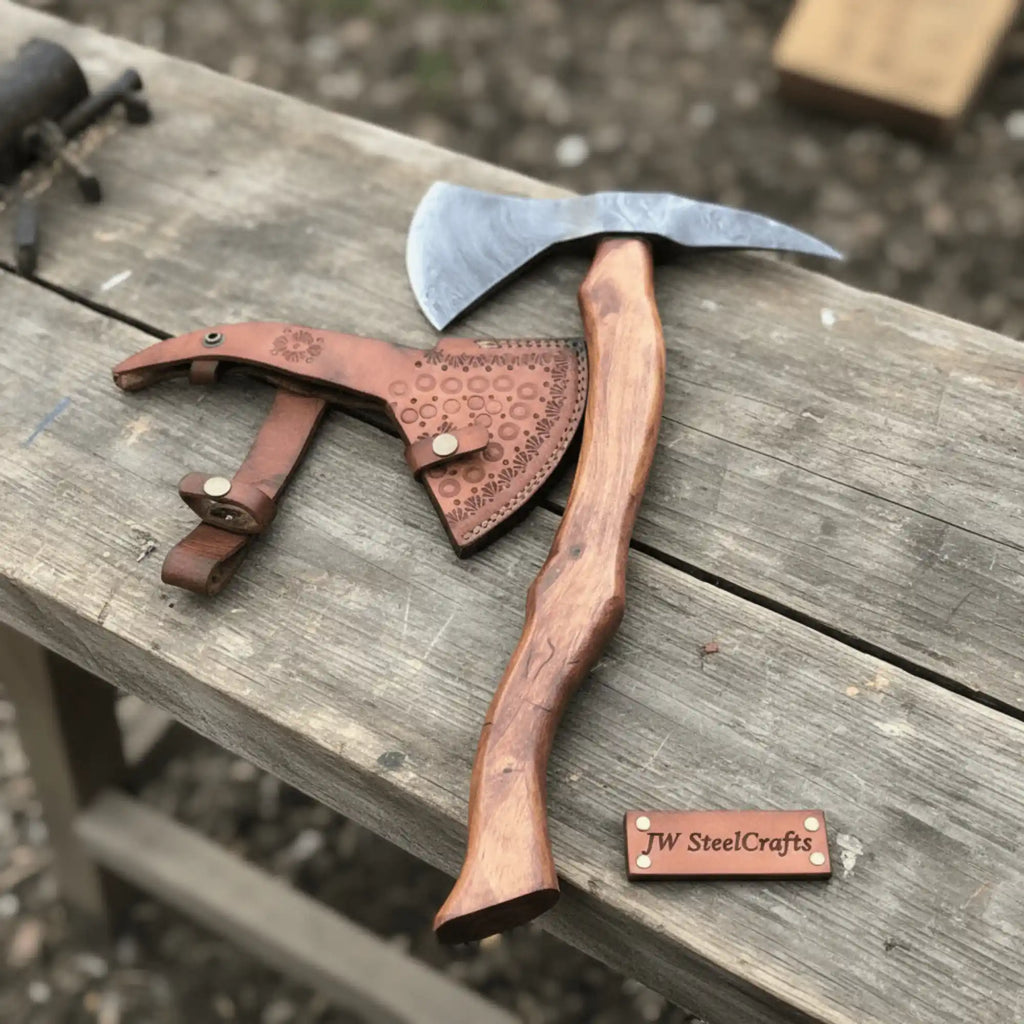 Camping Axe Damascus Steel 20 Inch Rosewood Handle with Leather Sheath