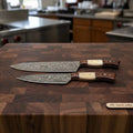 Carving Knife and Utility Knife Set, Handmade Raindrop Damascus Steel Blades, Rosewood and Bone Handle, Full Tang Kitchen Knife Set, JW SteelCrafts