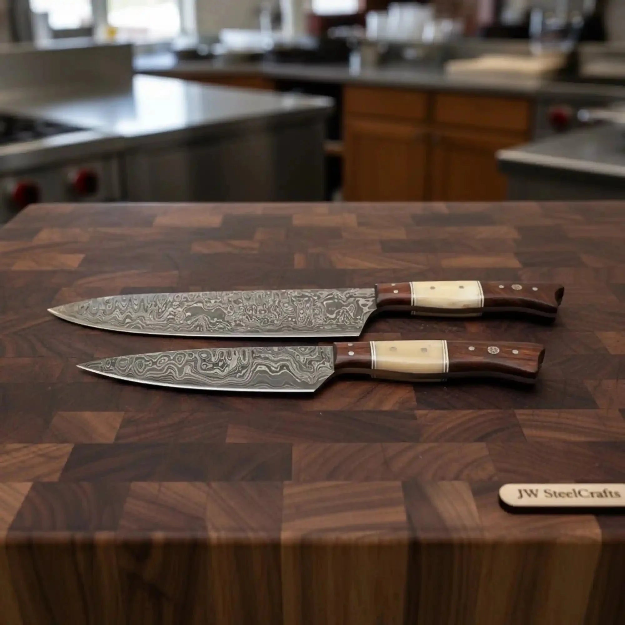 Carving Knife and Utility Knife Set, Handmade Raindrop Damascus Steel Blades, Rosewood and Bone Handle, Full Tang Kitchen Knife Set, JW SteelCrafts