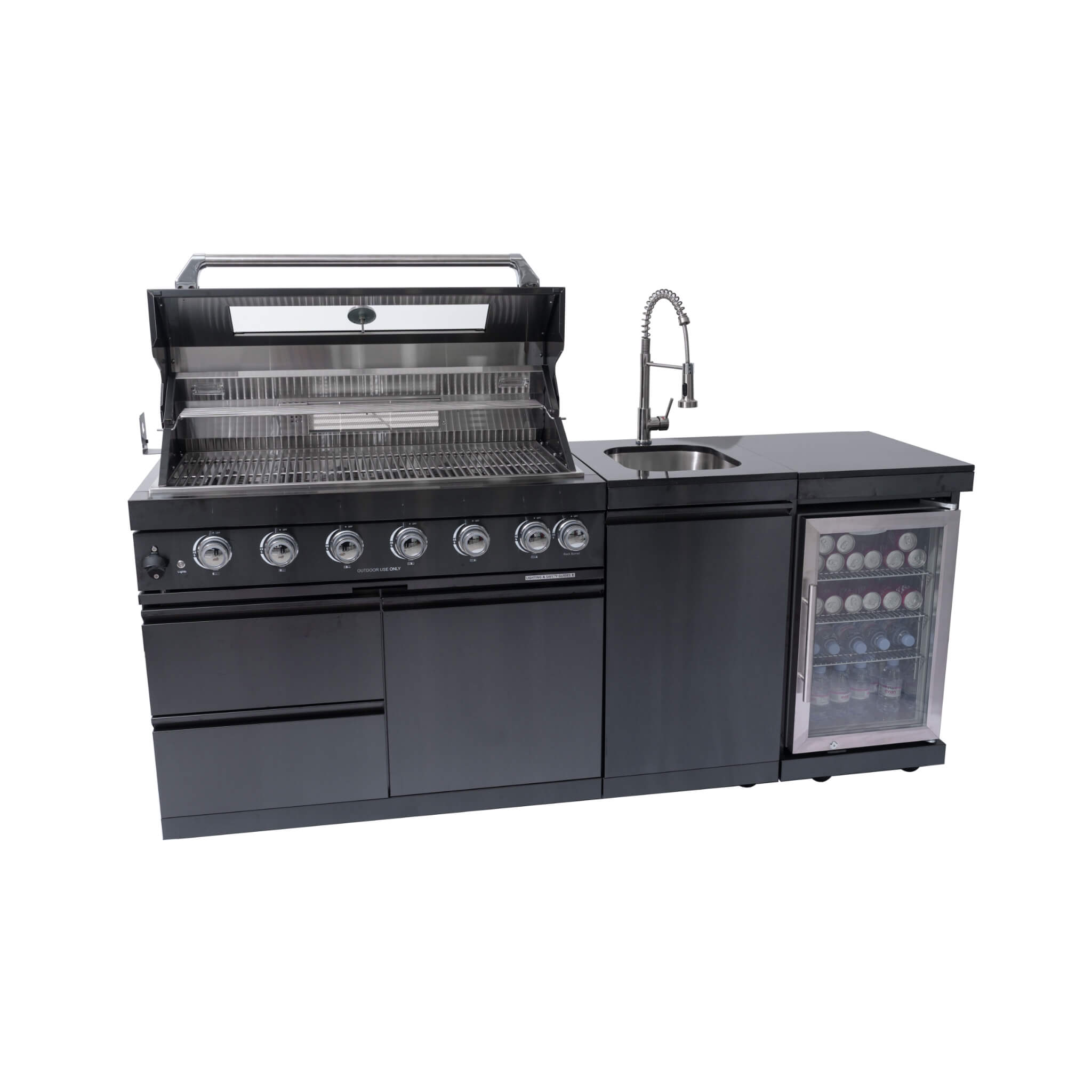 Castelle Flame Avalon 43-Inch 6-Burner 85K BTU Outdoor BBQ Kitchen Grill Island With Wine Fridge, Rotisserie Kit, And Sink (SAK23864)
