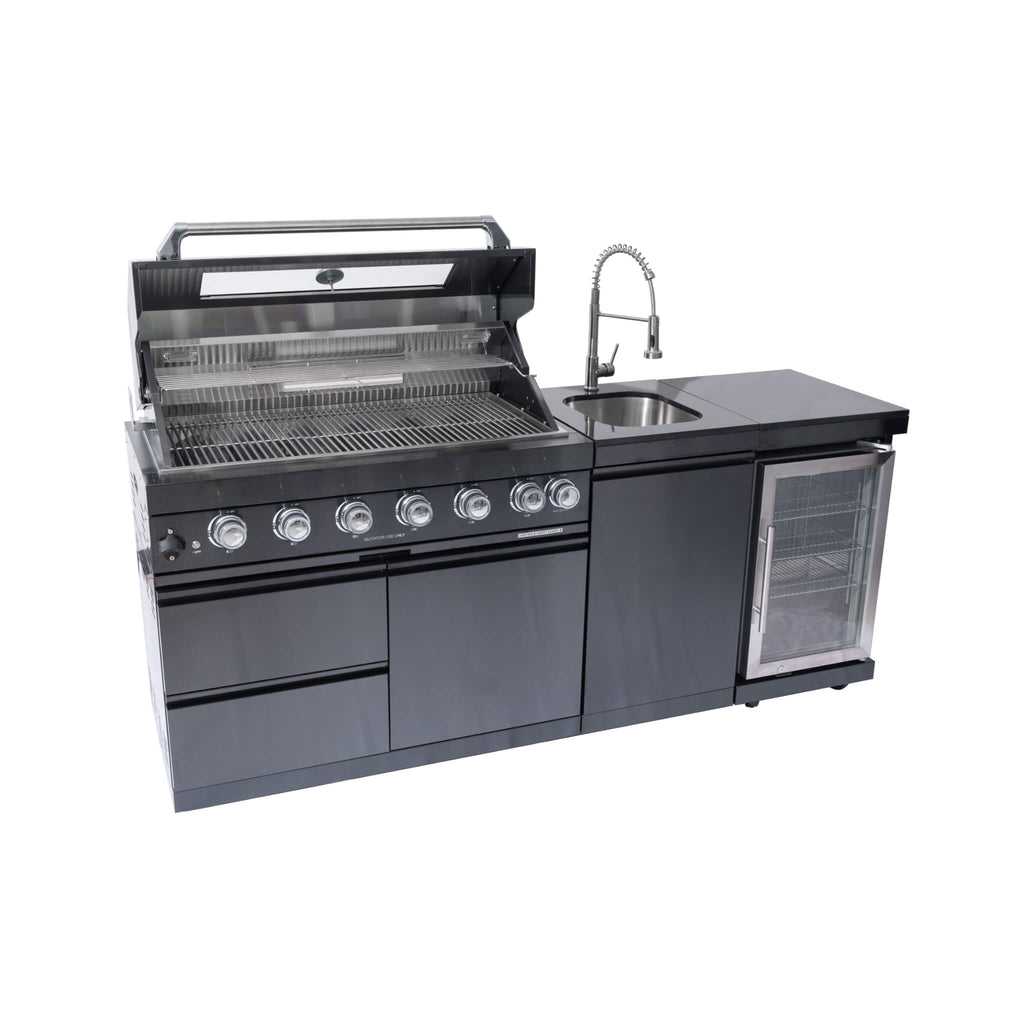 Castelle Flame Avalon 43-Inch 6-Burner 85K BTU Outdoor BBQ Kitchen Grill Island With Wine Fridge, Rotisserie Kit, And Sink (SAK23864)