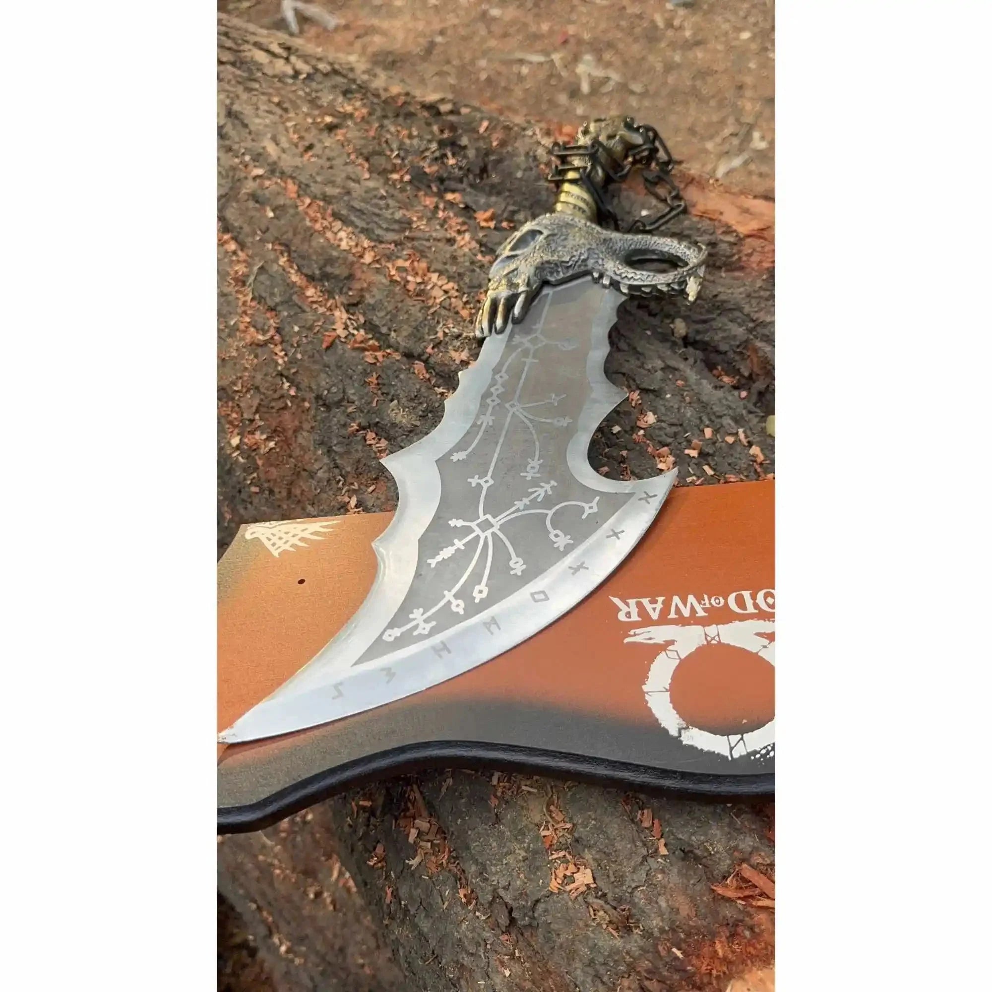 Chaos Inspired Recurve Bowie Knife with Rune Engraving and Dragon Guard