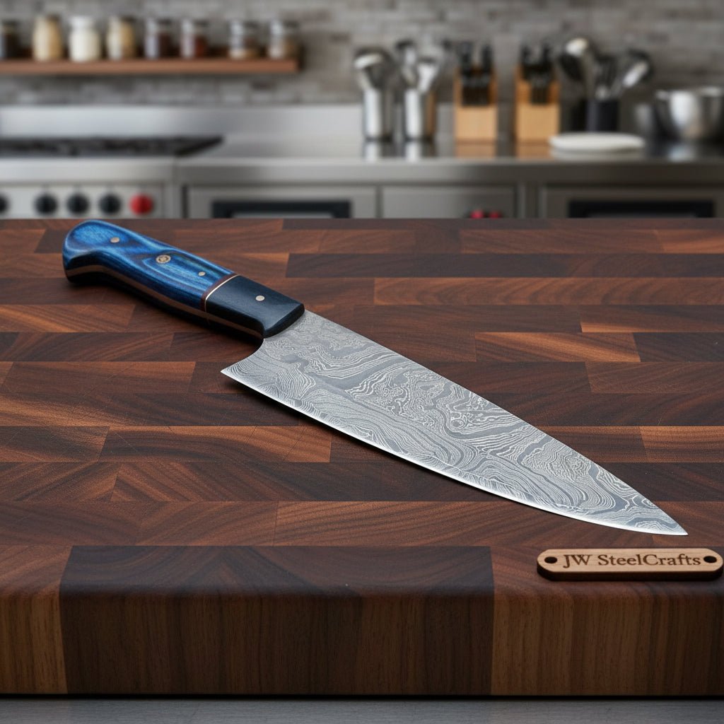 Chef Knife, Raindrop Pattern Damascus Steel Blade, Blue Resin and Black Wood Handle, Full Tang Professional Kitchen Knife, JW SteelCrafts