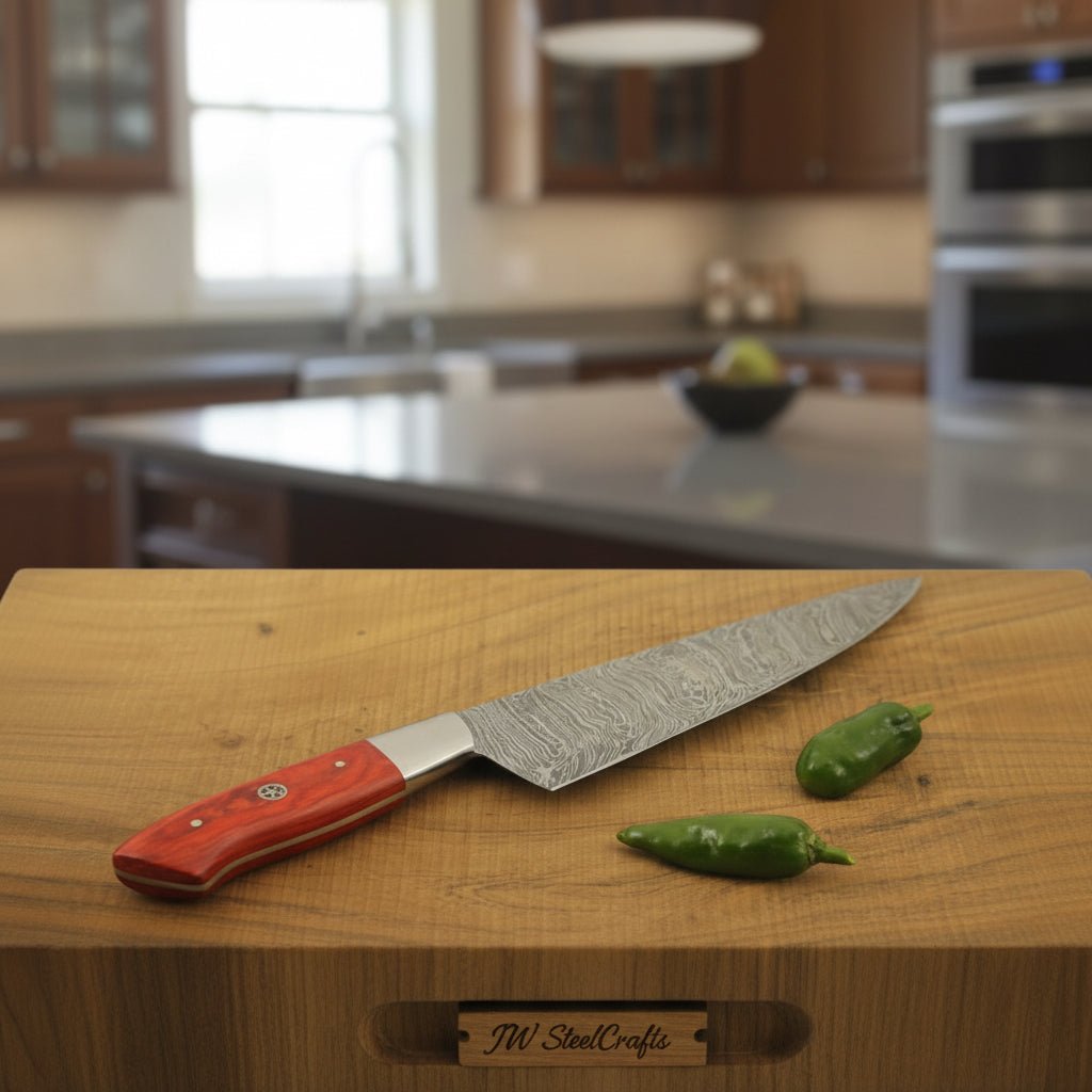 Chef Knife, Twist Pattern Damascus Steel Blade, Orange Dyed Wood Handle with Steel Bolster, Full Tang Kitchen Knife, JW SteelCrafts