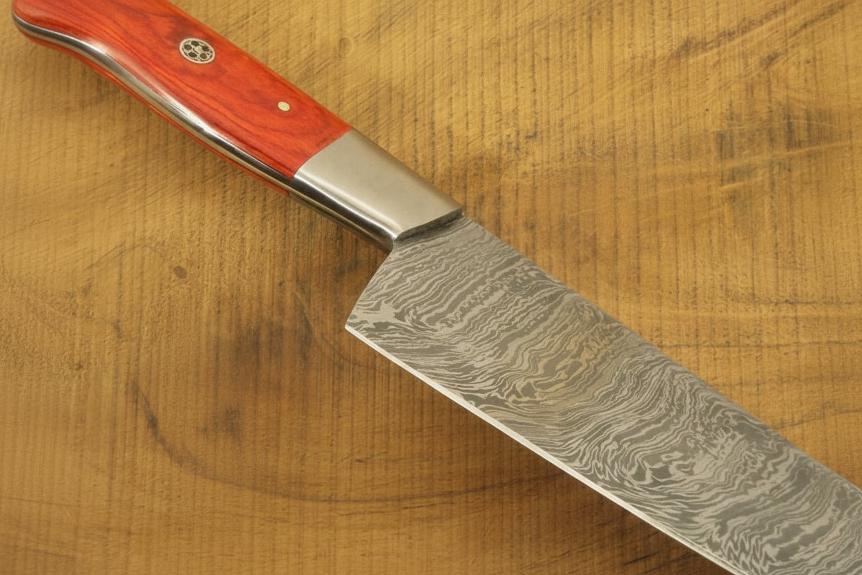 Chef Knife, Twist Pattern Damascus Steel Blade, Orange Dyed Wood Handle with Steel Bolster, Full Tang Kitchen Knife, JW SteelCrafts