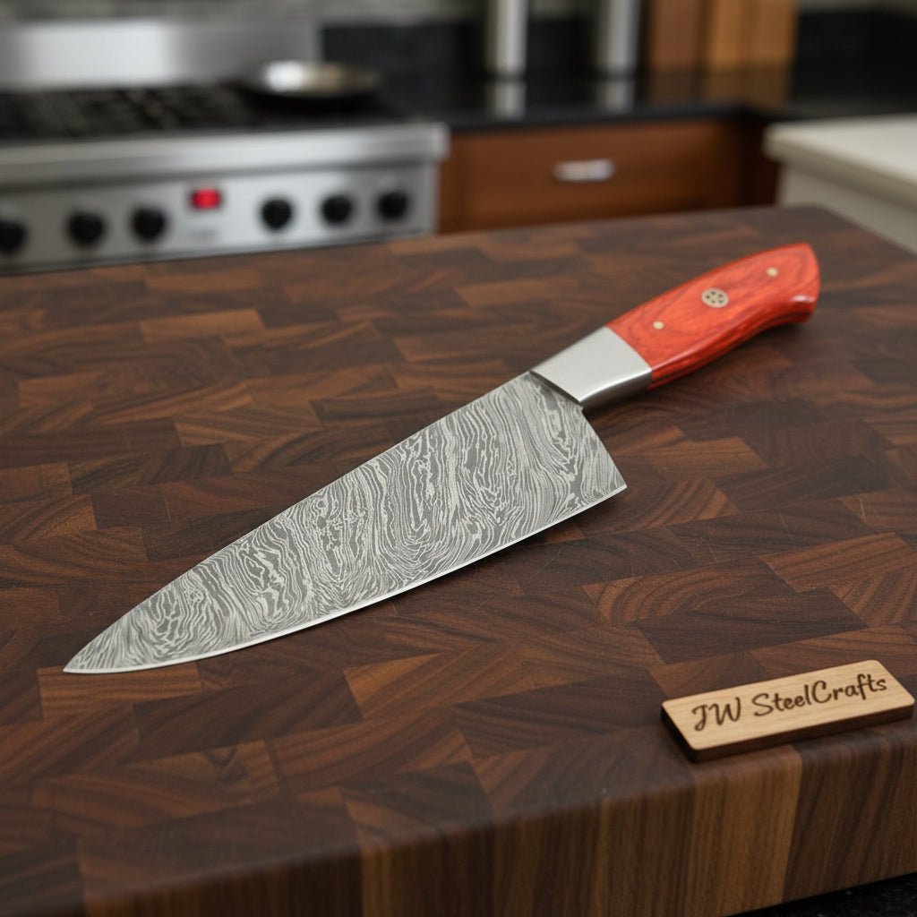 Chef Knife, Twist Pattern Damascus Steel Blade, Orange Dyed Wood Handle with Steel Bolster, Full Tang Kitchen Knife, JW SteelCrafts