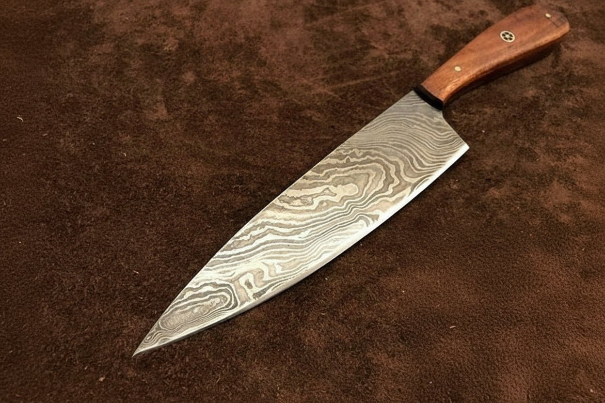 Chef Knife, Twist Pattern Damascus Steel Blade, Walnut Wood Handle with Mosaic Pin, Full Tang Professional Kitchen Knife, JW SteelCrafts