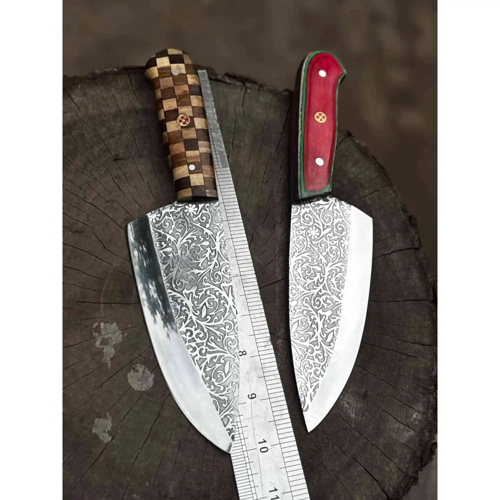 Chef Knife with Acid-Etched Blade – Red Micarta or Checker Wood Handle