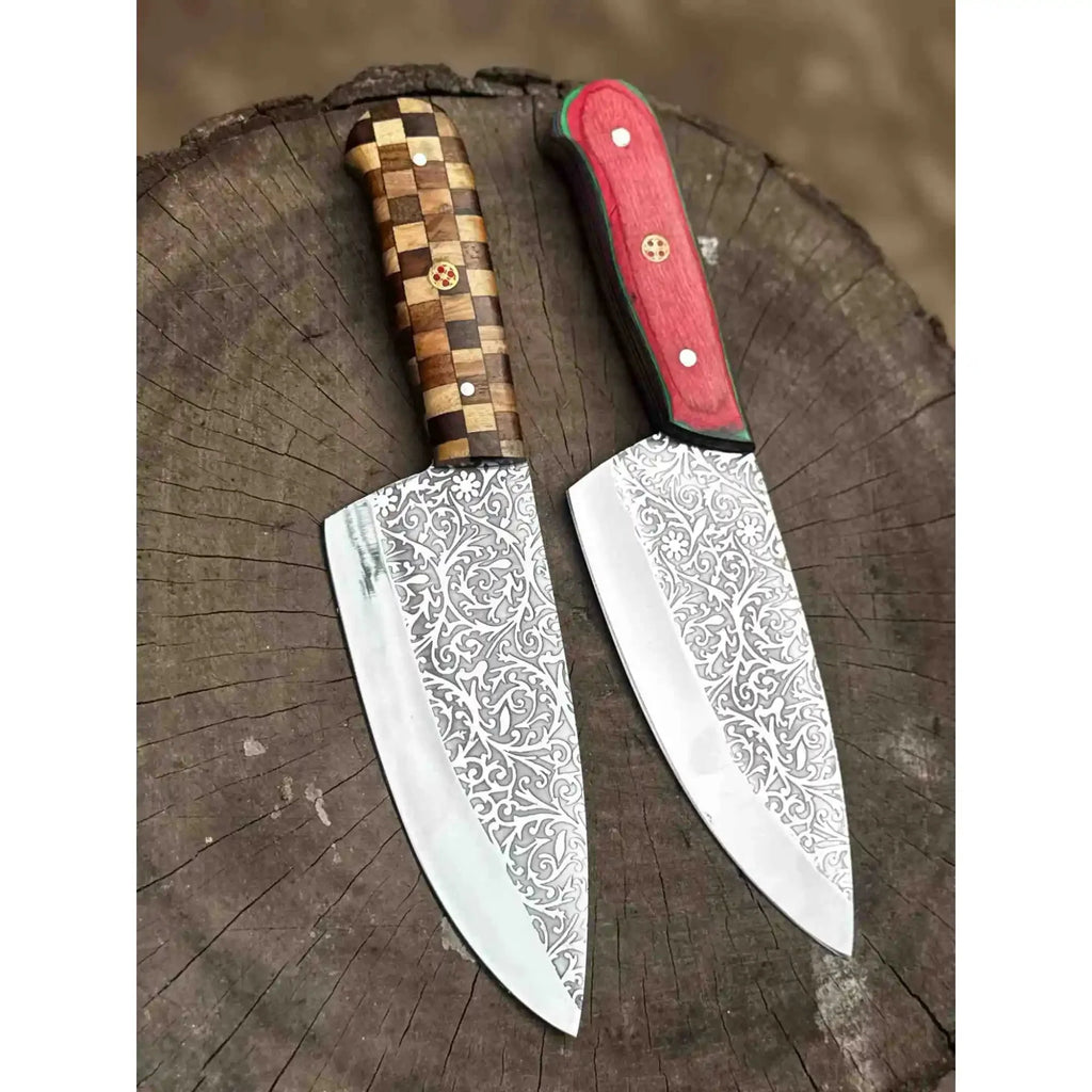 Chef Knife with Acid-Etched Blade – Red Micarta or Checker Wood Handle