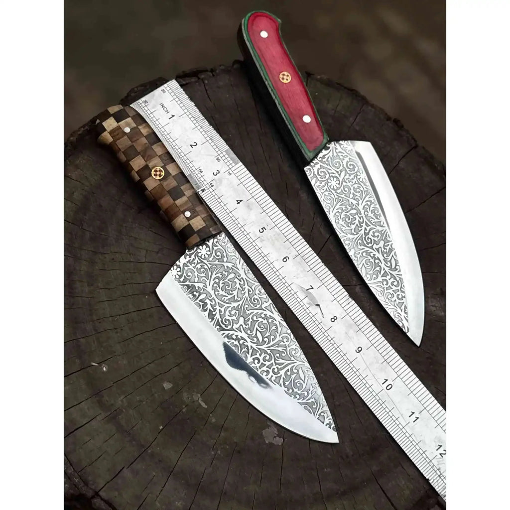 Chef Knife with Acid-Etched Blade – Red Micarta or Checker Wood Handle