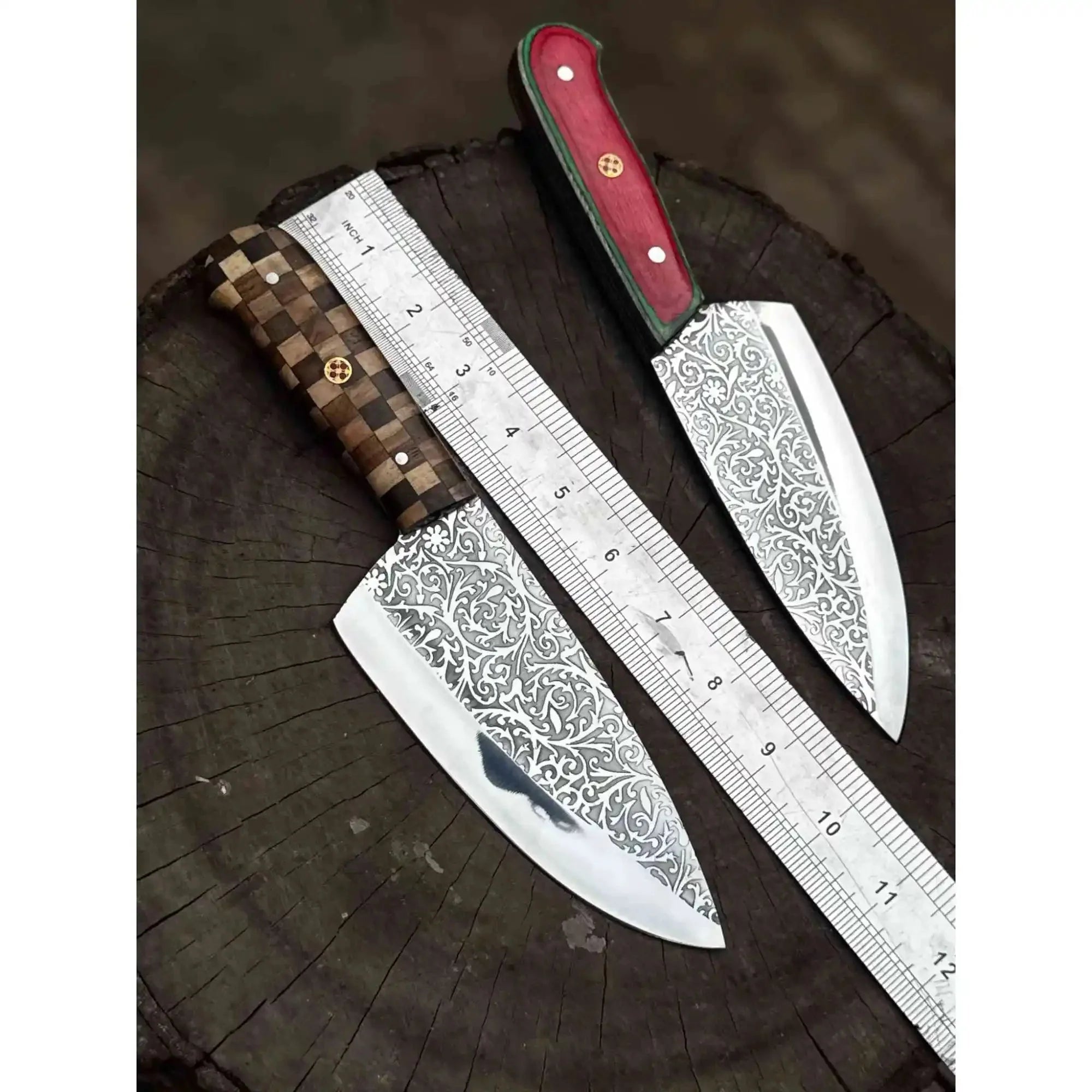 Chef Knife with Acid-Etched Blade – Red Micarta or Checker Wood Handle