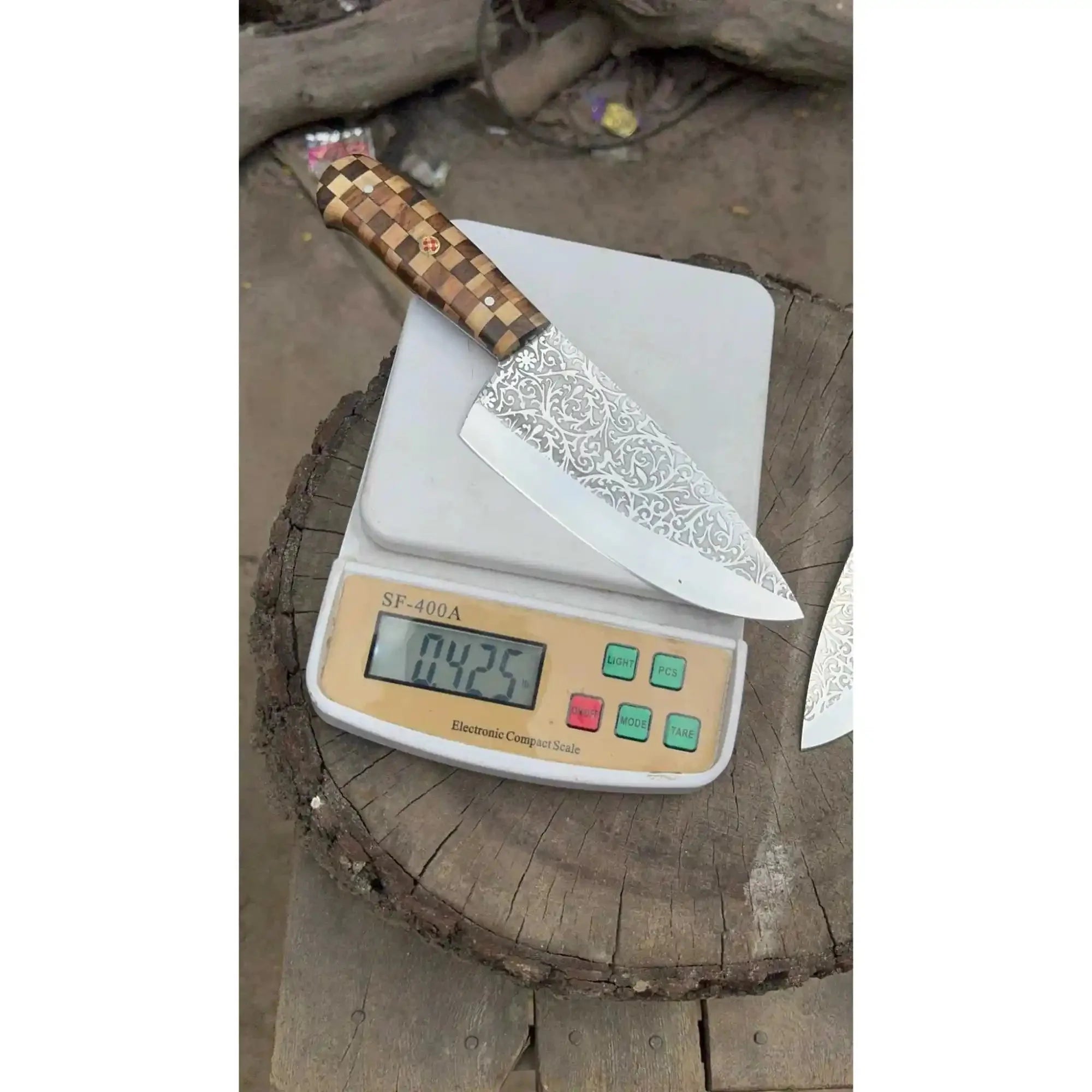 Chef Knife with Acid-Etched Blade – Red Micarta or Checker Wood Handle
