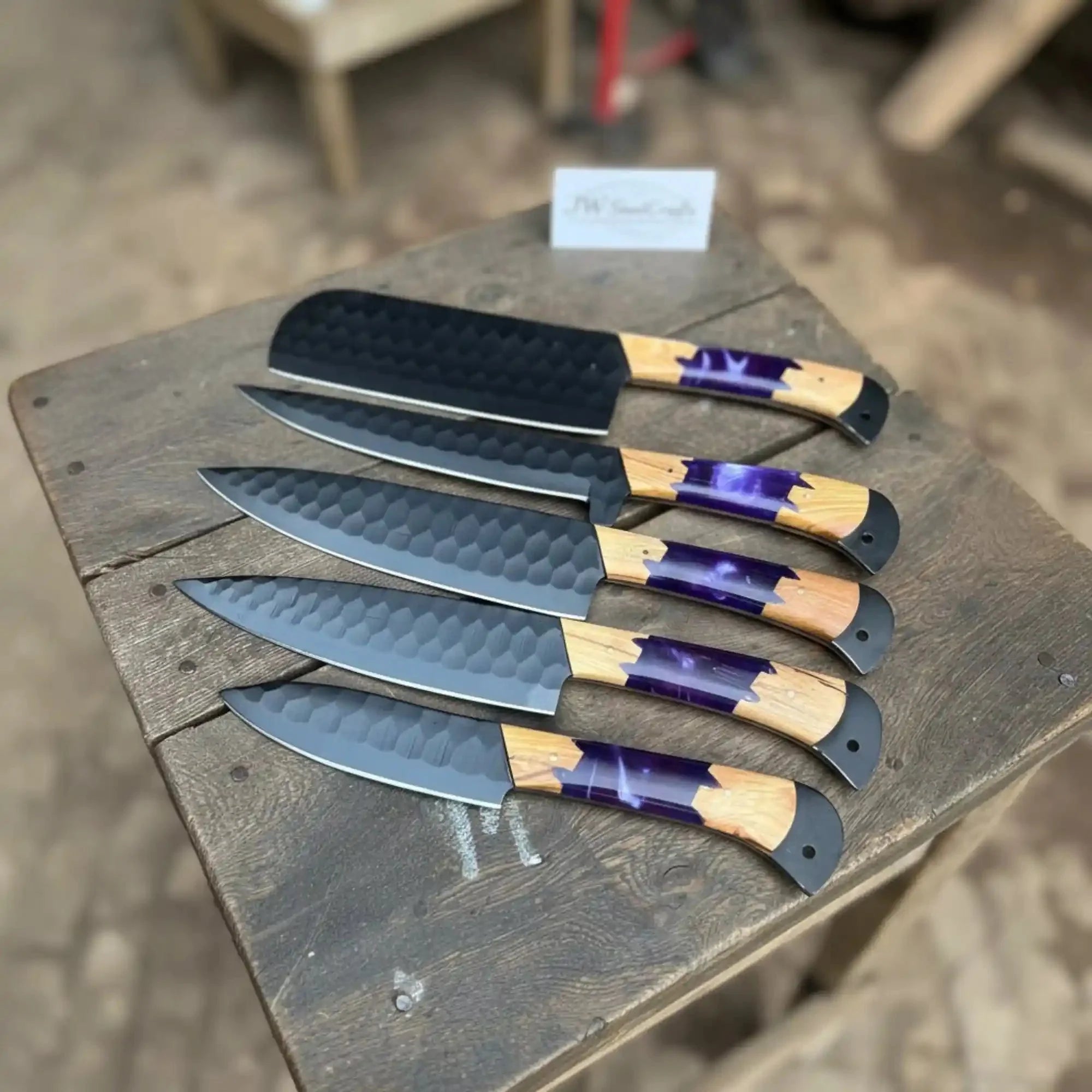 Chef knives JW SteelCrafts 5-Piece Hand-Forged Kitchen Knife Set – Hammered Black Blades with Purple Resin & Olive Wood Handles