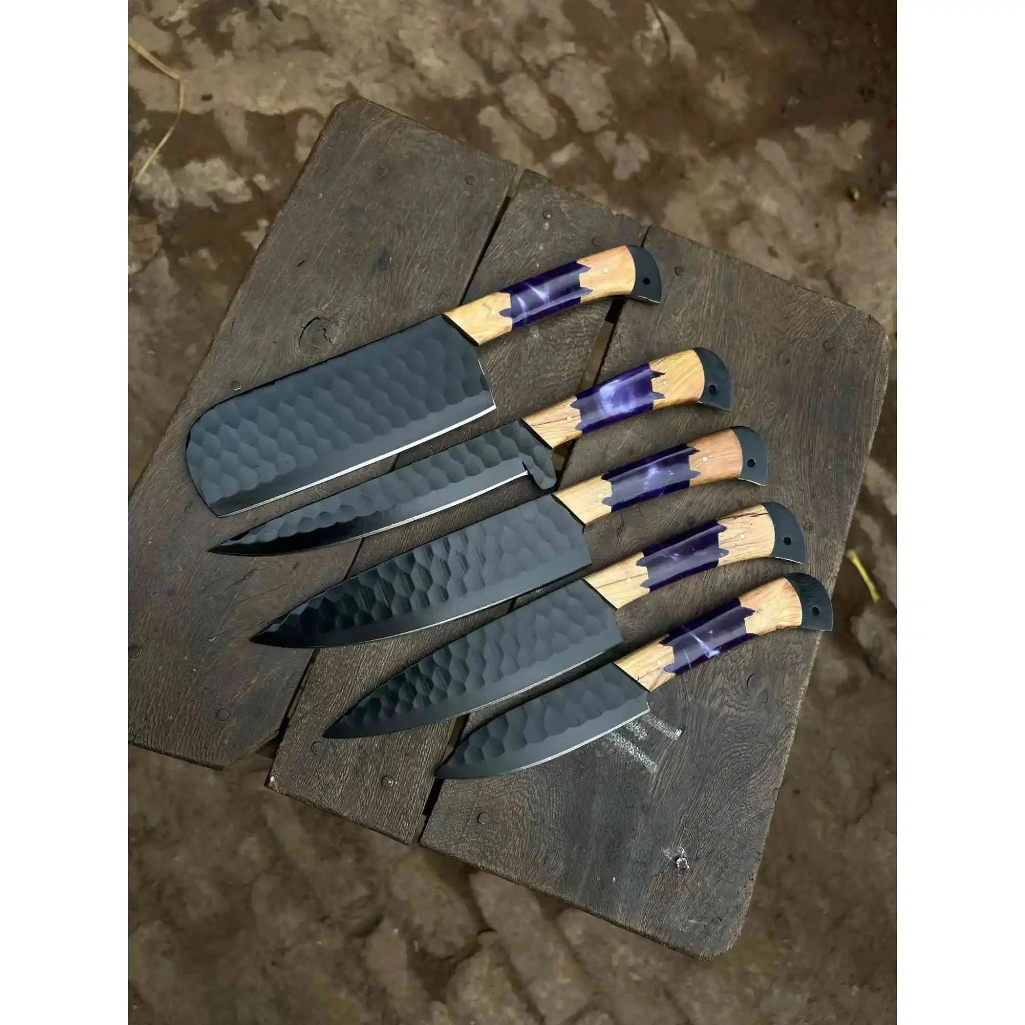 Chef knives JW SteelCrafts 5-Piece Hand-Forged Kitchen Knife Set – Hammered Black Blades with Purple Resin & Olive Wood Handles