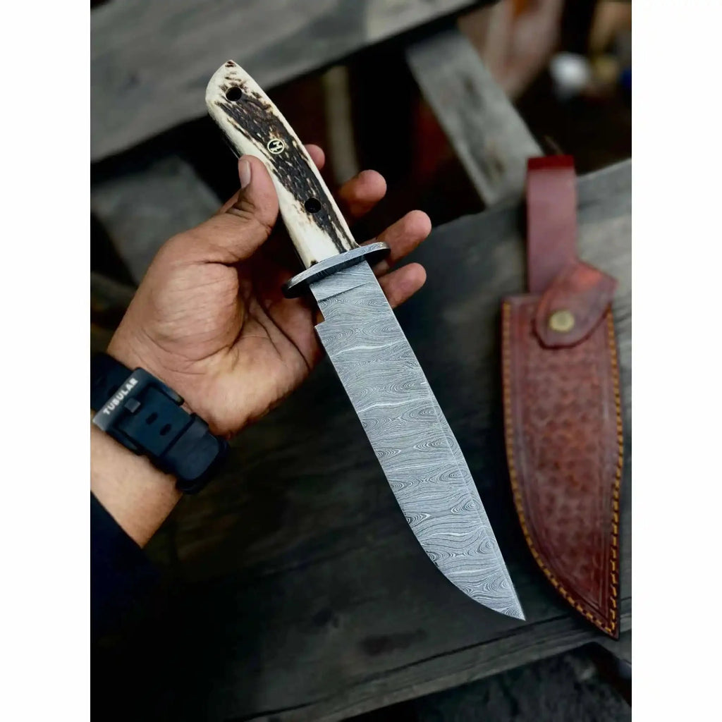 Clip Point Bowie Knife, Hand Forged Damascus Steel Blade, Antler Handle, Classic American Bowie with Leather Sheath