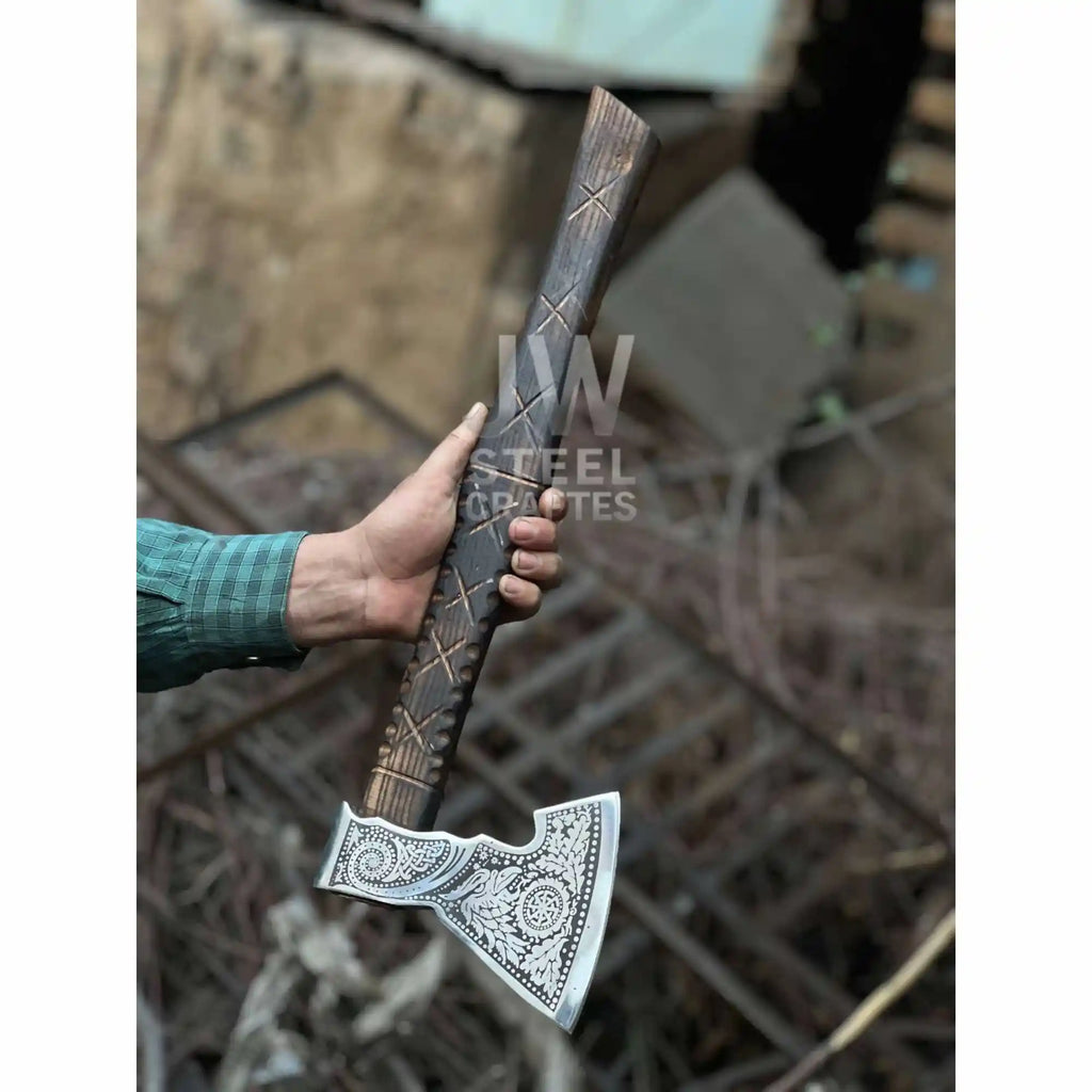 Collectible Norse-style Three-Axe Set with Intricate Engravings and Sculpted Wooden Handles