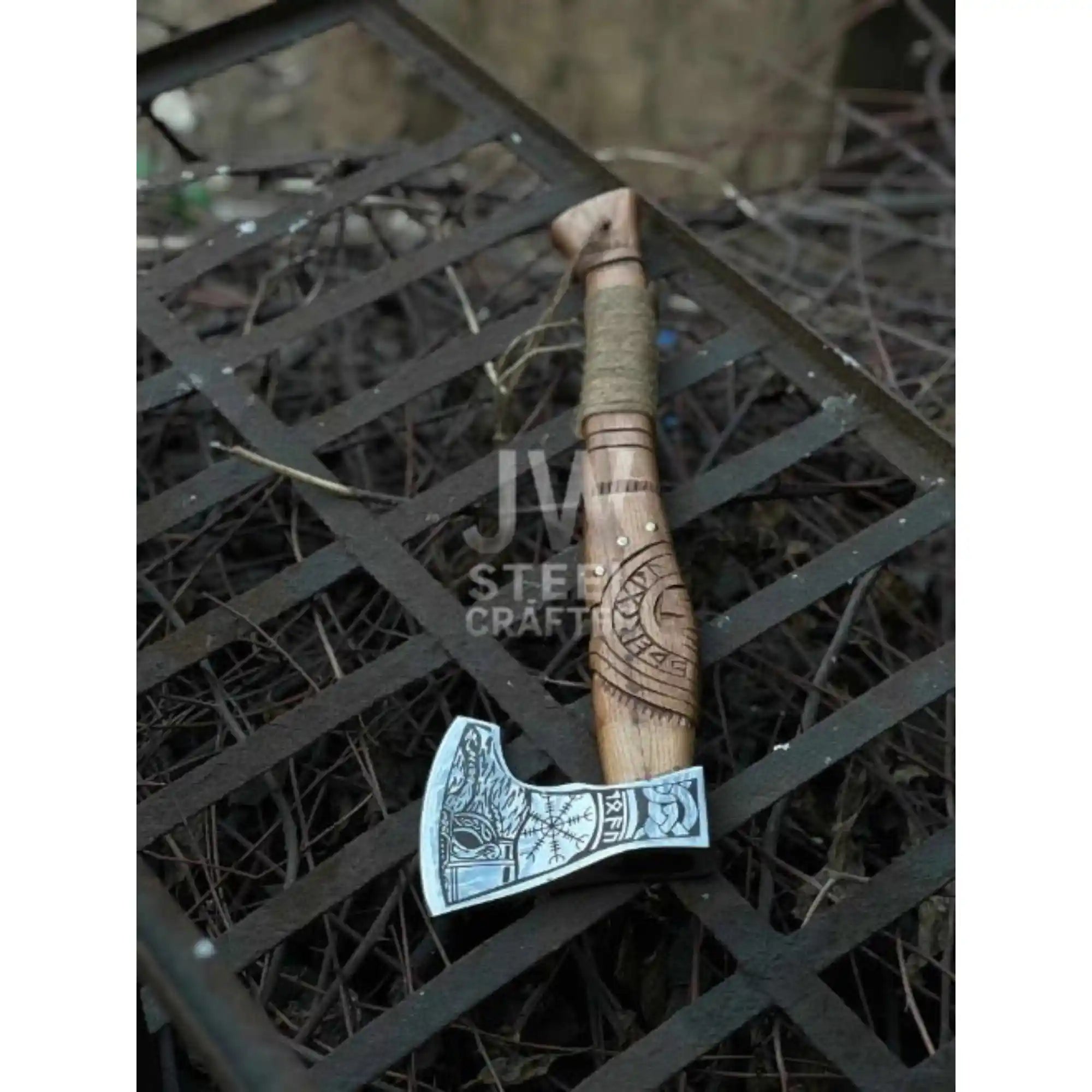 Collectible Norse-style Three-Axe Set with Intricate Engravings and Sculpted Wooden Handles