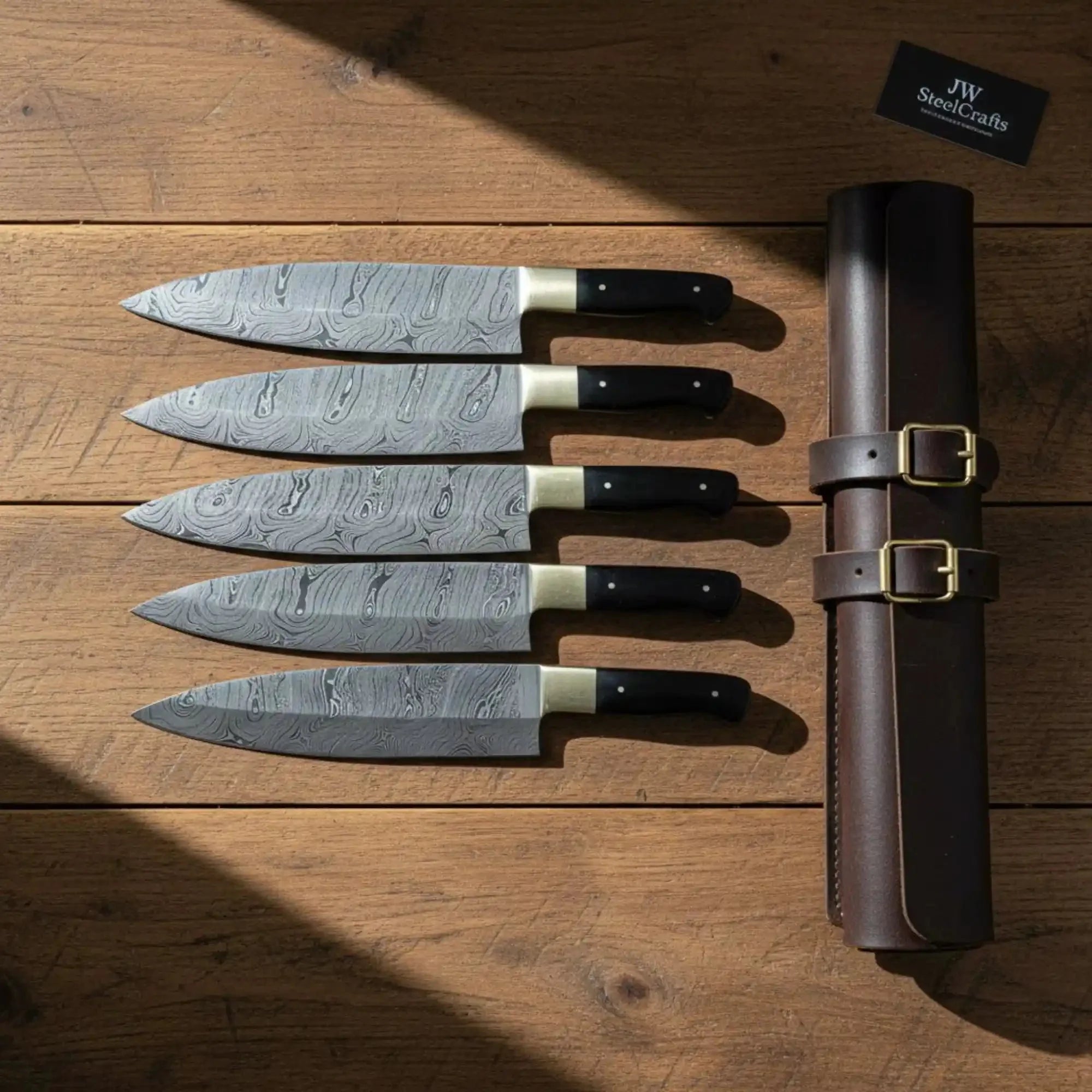 Custom Damascus Culinary Set — Five Chef Knives (Gyuto & Santoku Styles), Brass Bolsters, Full-Tang Construction, Black Pakkawood Handles with Leather Case