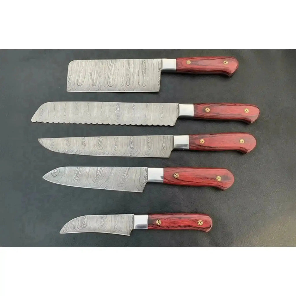 Custom Forged Damascus Five Knife Kitchen Set, Cleaver, Scalloped Bread Knife, Gyuto, Utility, Paring