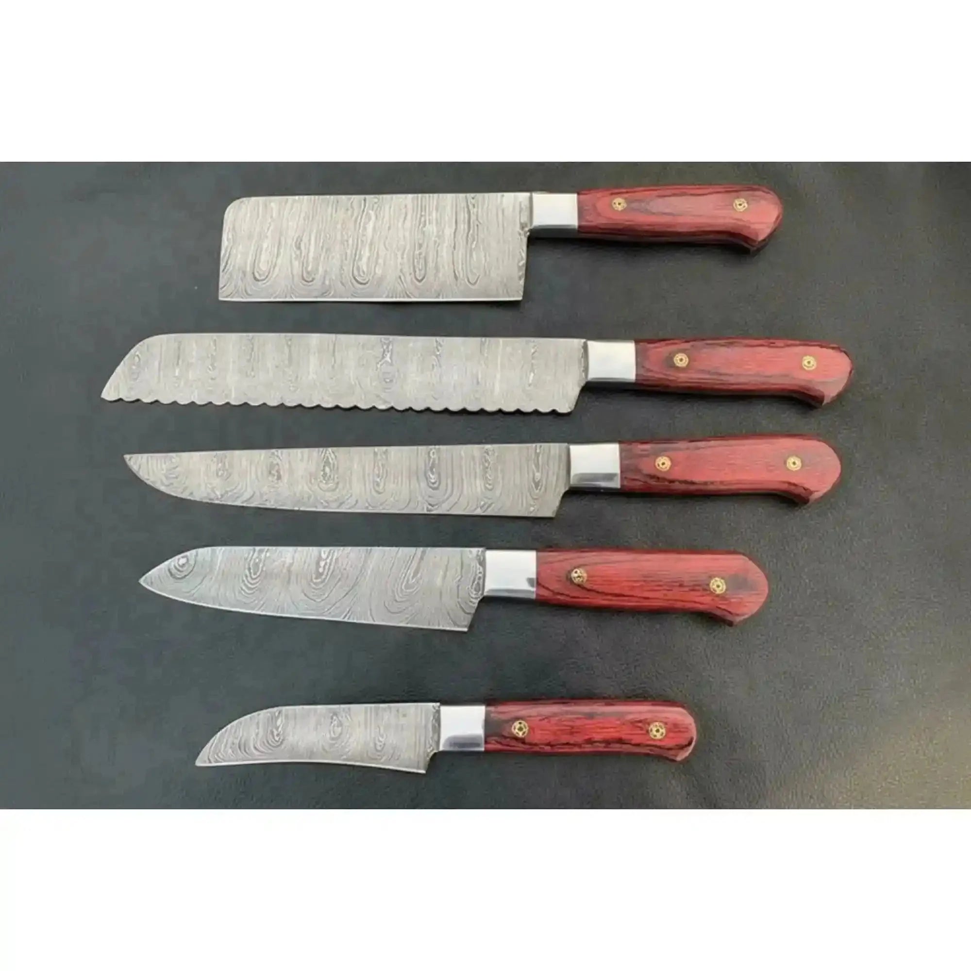 Custom Forged Damascus Five Knife Kitchen Set, Cleaver, Scalloped Bread Knife, Gyuto, Utility, Paring