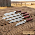 Custom Forged Damascus Five Knife Kitchen Set, Cleaver, Scalloped Bread Knife, Gyuto, Utility, Paring