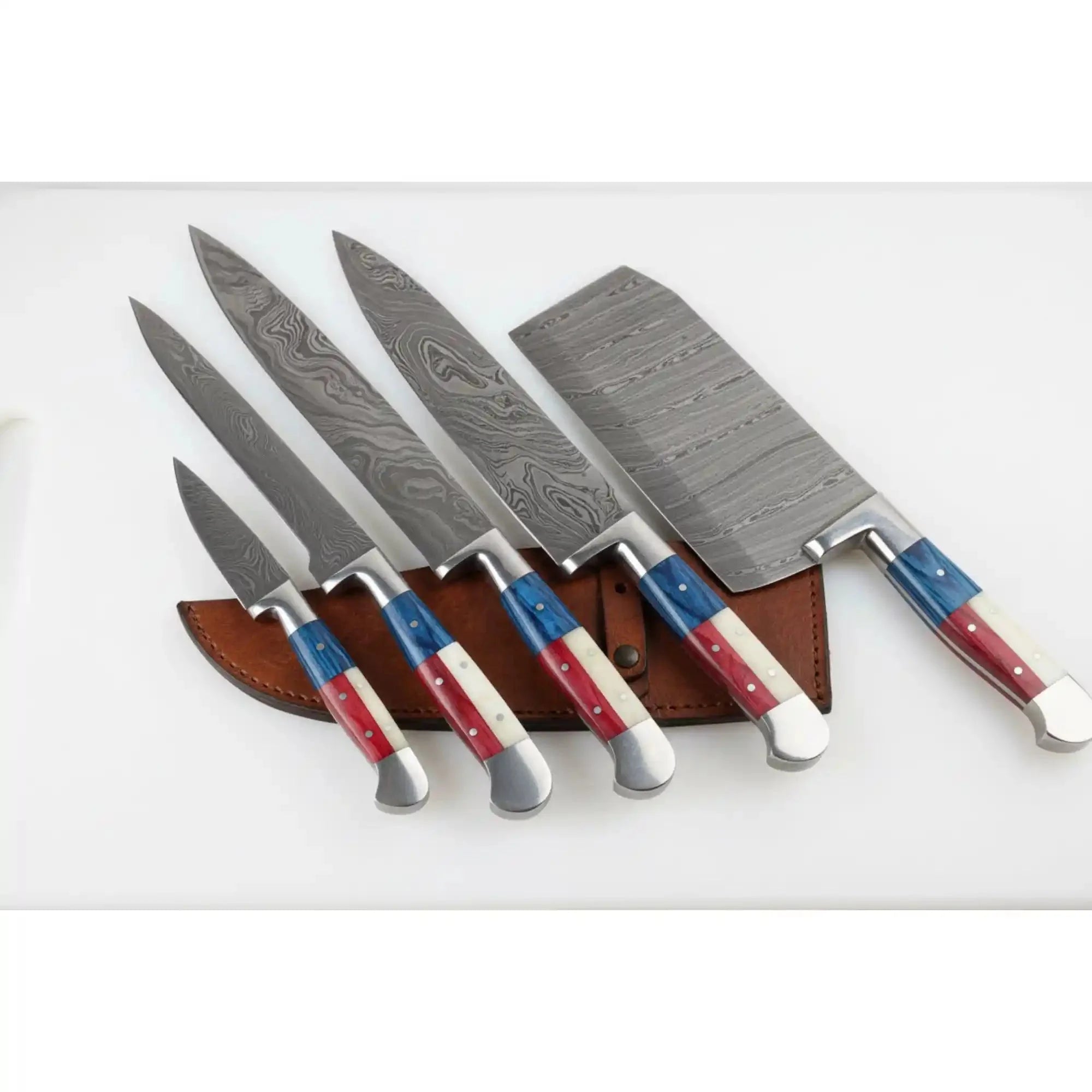 Custom Forged Damascus Kitchen Set with Matching Butcher Cleaver