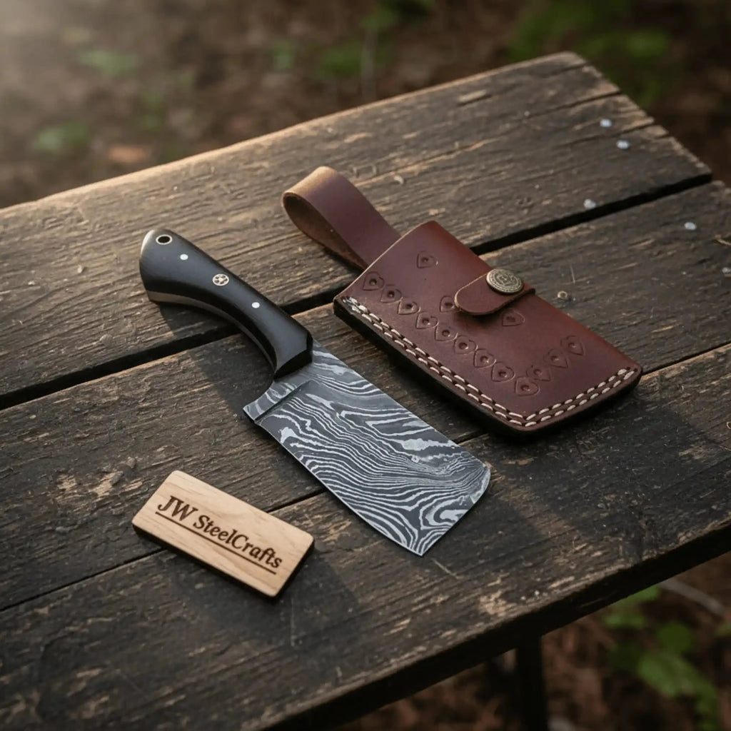 Handmade Damascus Mini Cleaver — Full Tang Small Butcher Cleaver with Green Pakka Handle & Leather Sheath