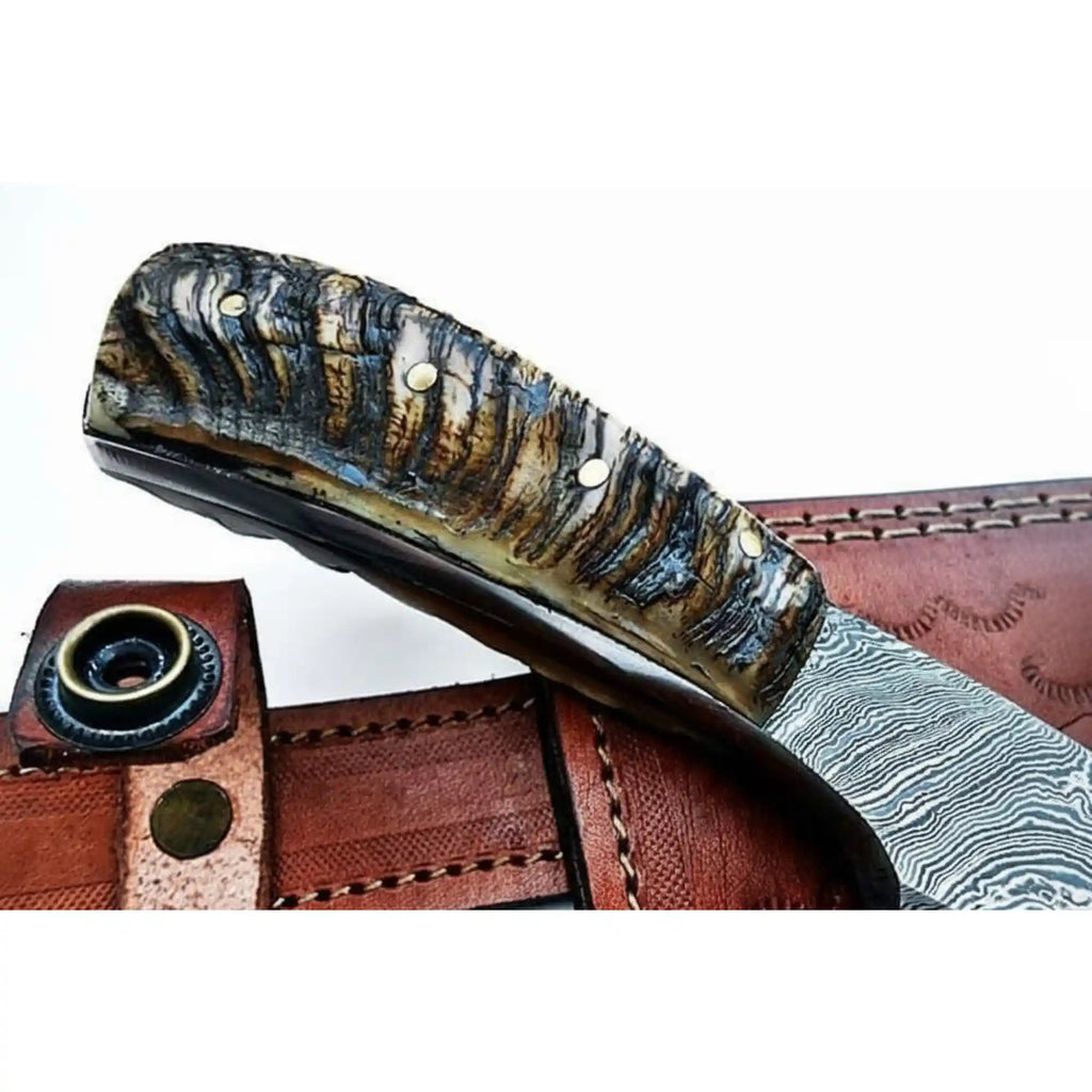 6 Inch Damascus Steel Skinner Knife with Ram Horn Handle and Leather Sheath