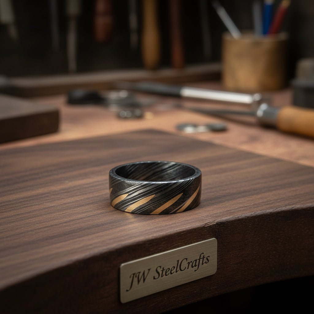 Mens Damascus Steel Wedding Band with Diagonal Brass Inlay Design