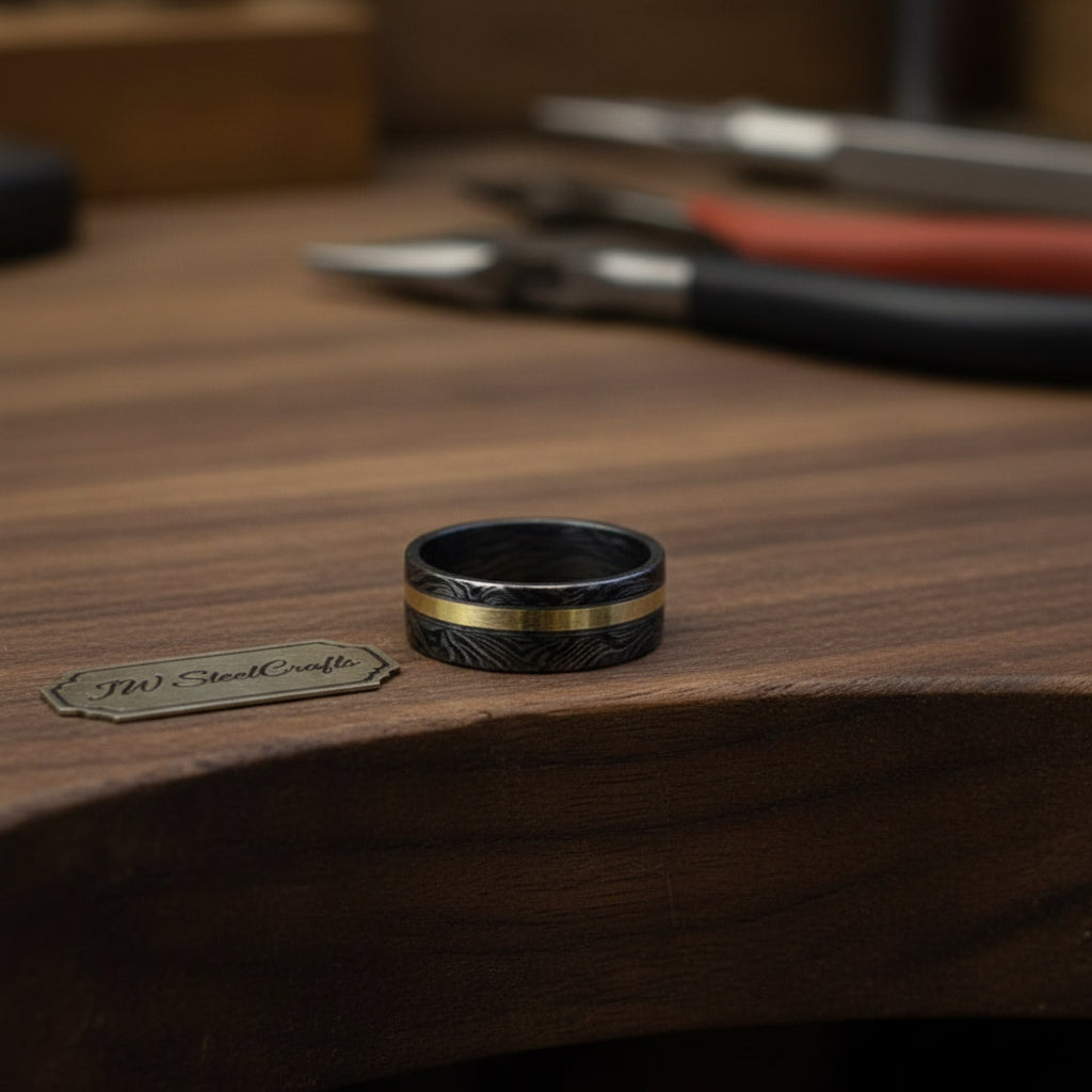 Mens Damascus Steel Wedding Band With Brass Inlay Handmade Ring