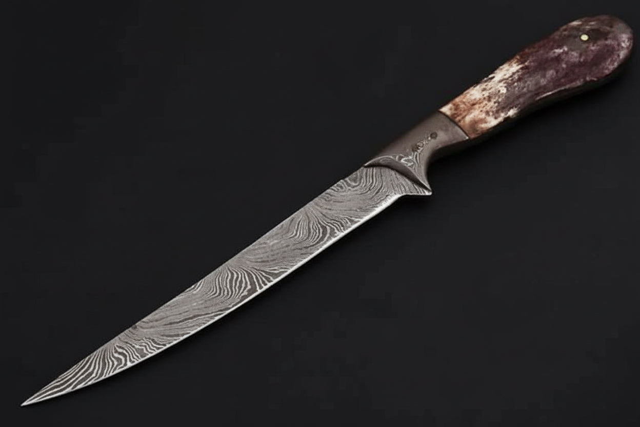 Custom Handmade Damascus Steel Boning Knife With Colour Bone Handle  with Leather Sheath DK-0045