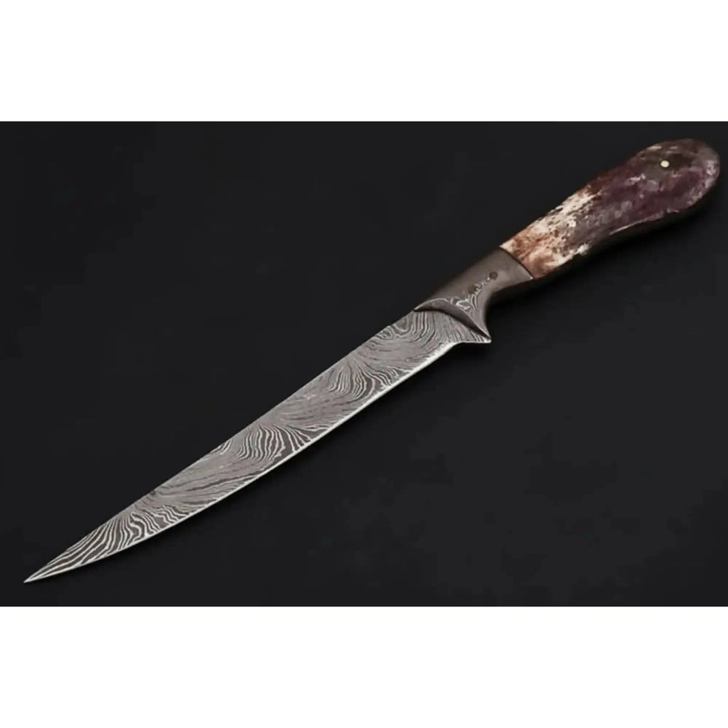 Custom Handmade Damascus Steel Boning Knife With Colour Bone Handle  with Leather Sheath DK-0045