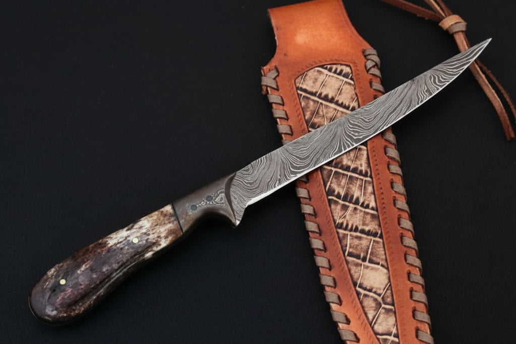 Custom Handmade Damascus Steel Boning Knife With Colour Bone Handle  with Leather Sheath DK-0045