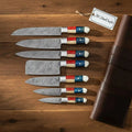 Custom Pattern-Welded Damascus Kitchen Knife Set (7 Pieces) — Texas Flag Handles, Pakka Wood & Camel Bone, Full Tang, Steel Bolsters