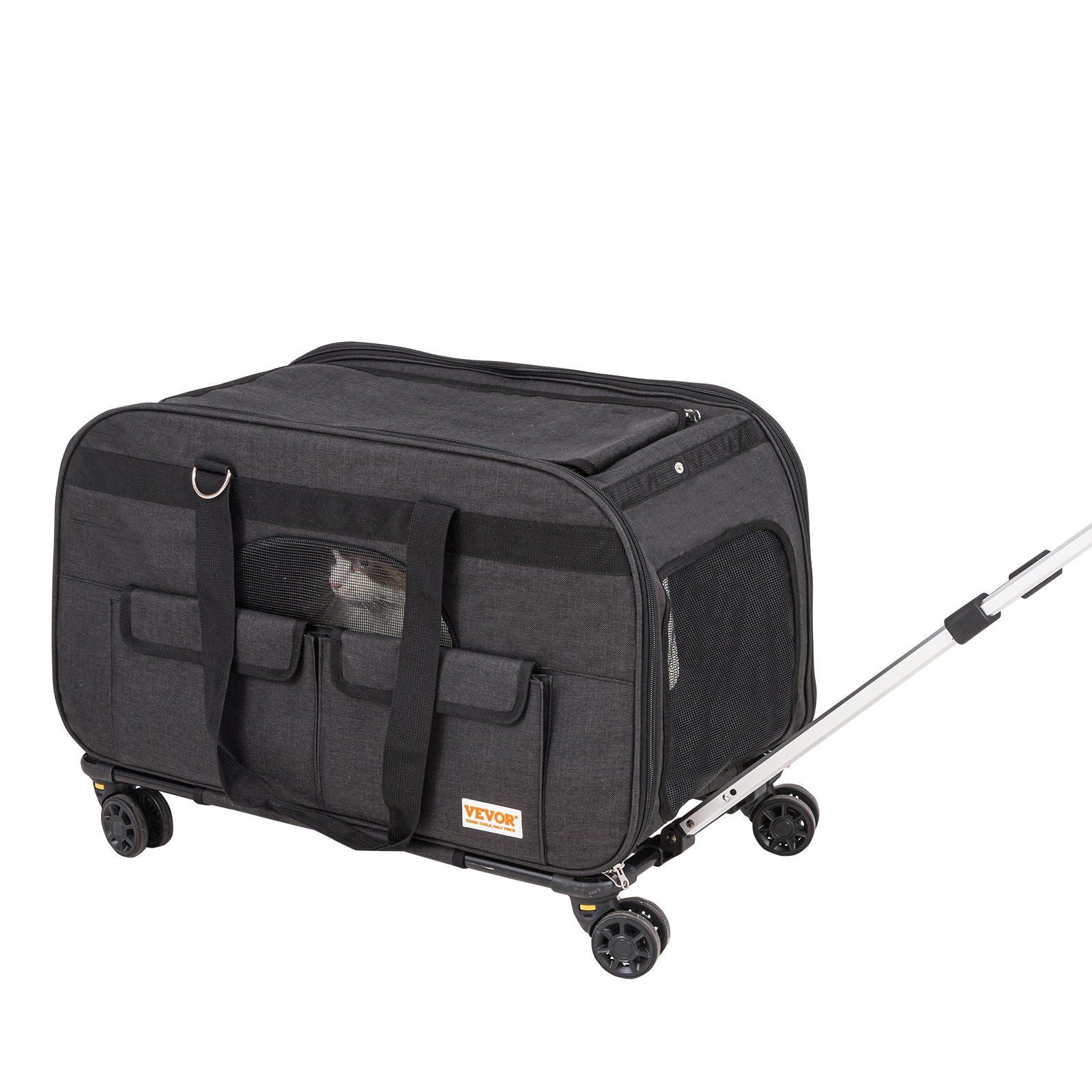Cat Carrier with Wheels, Rolling Pet Carrier with Telescopic Handle and Shoulder Strap, Dog Carrier with Wheels for Pets under 35 lbs, with 1 Folding Bowl, Black