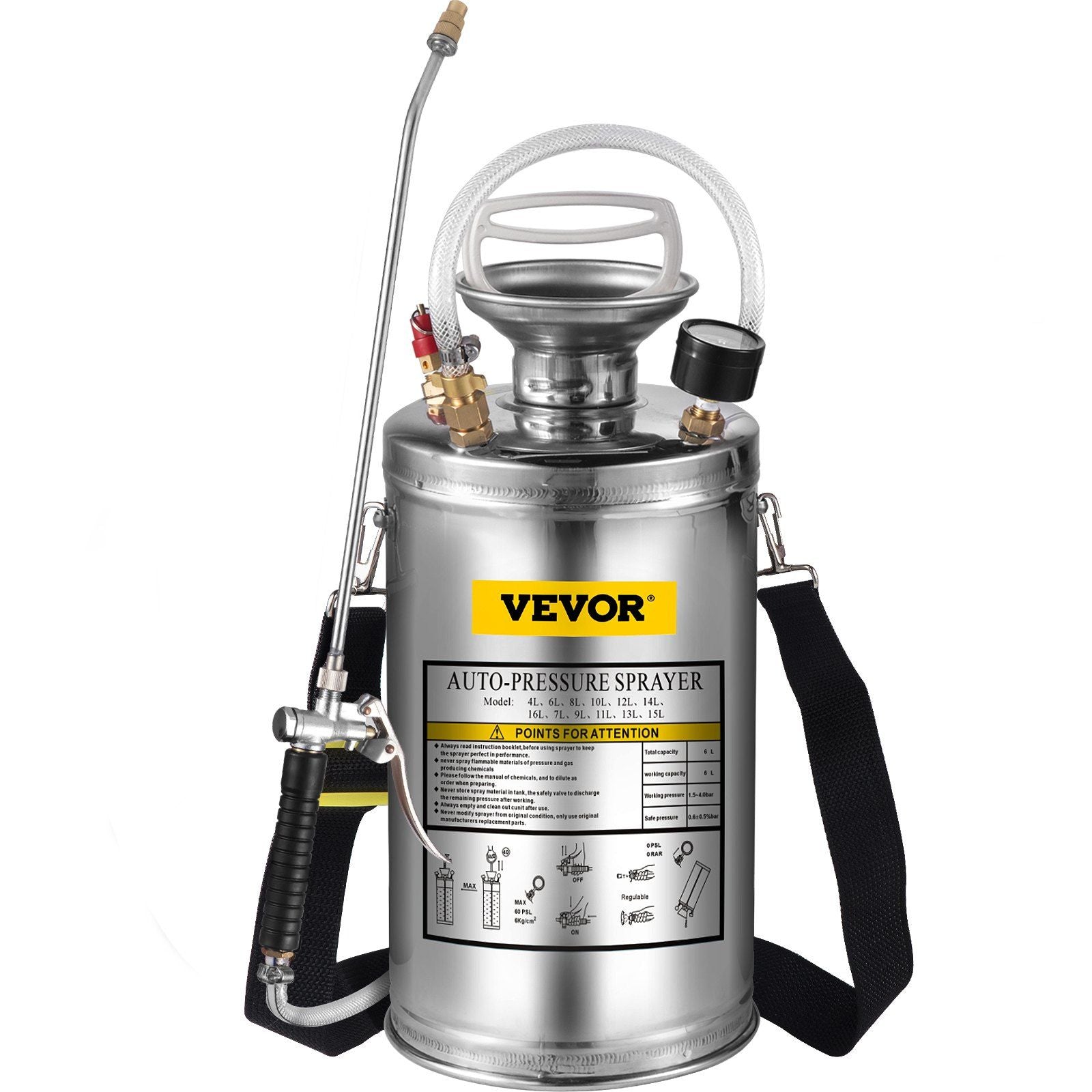 1.5Gal Stainless Steel Sprayer, Set with 16" Wand& Handle& 3.3FT Reinforced Hose, Hand Pump Sprayer with Pressure Gauge&Safety Valve, Adjustable Nozzle Suitable for Gardening& Sanitizing