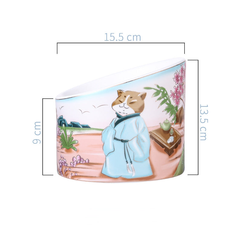 Chinese Style Ceramic Cat Bowl High Leg Double Bowl Oblique Mouth