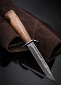 Damascus Hunting Knife for Sale - Damascus Steel Blade with Blood Groove, Walnut Wood Handle, Steel Guard, Leather Sheath - KBS Knives Store