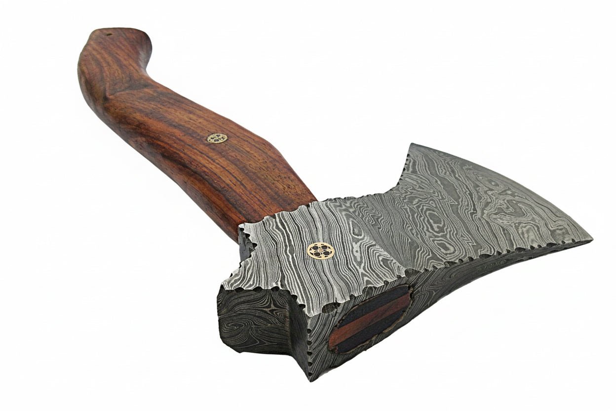 Damascus Camp Axe with Mosaic Pin, Leather Sheath, 19 Inch Rosewood Handle