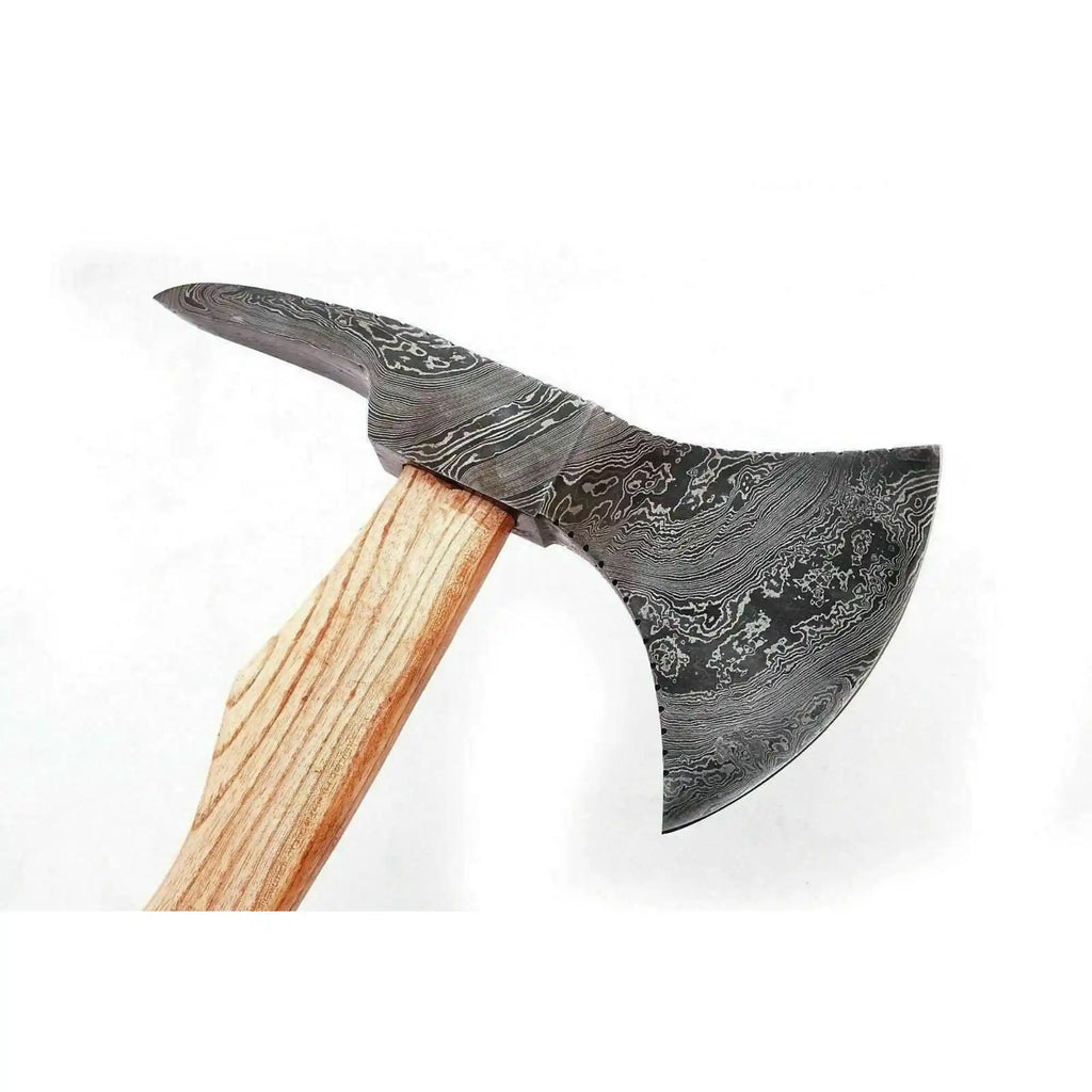 Damascus Camping Axe with 22 Inch Ash Handle – Hand Forged Bushcraft Axe with Leather Sheath | JW SteelCrafts