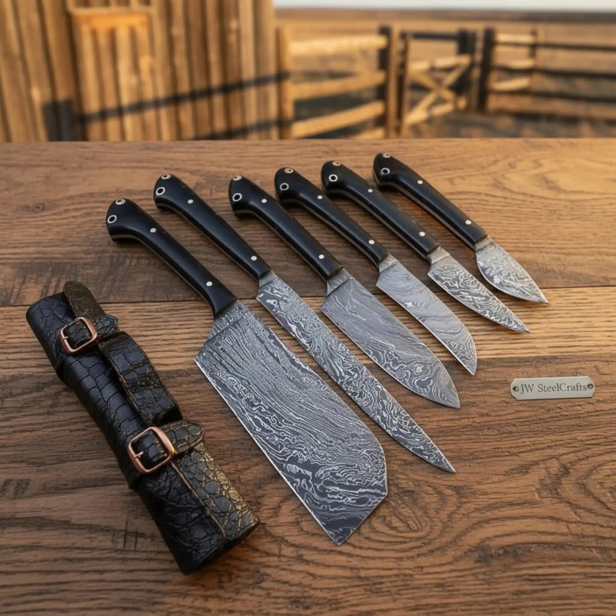 Damascus Culinary Set with Chinese Chef Cleaver — Gyuto, Santoku-Style Utility and Precision Paring Knives (6-Piece)