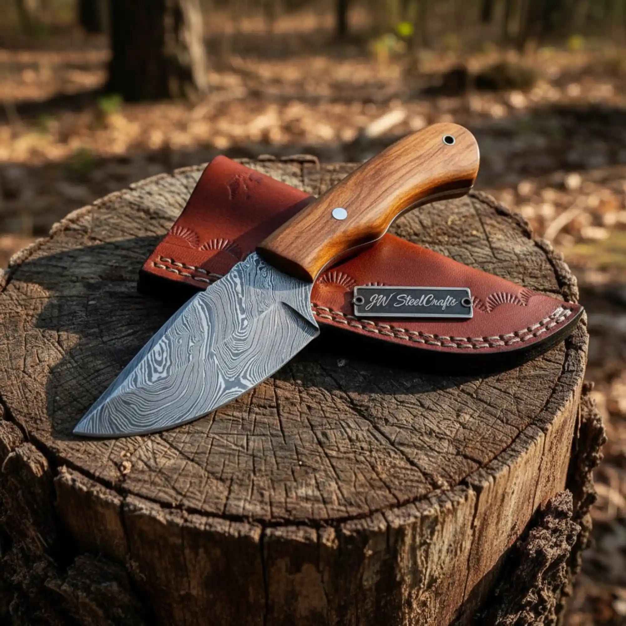 Damascus Drop Point Skinner Knife 3 Inch Blade Rosewood Handle Fixed Blade With Leather Sheath
