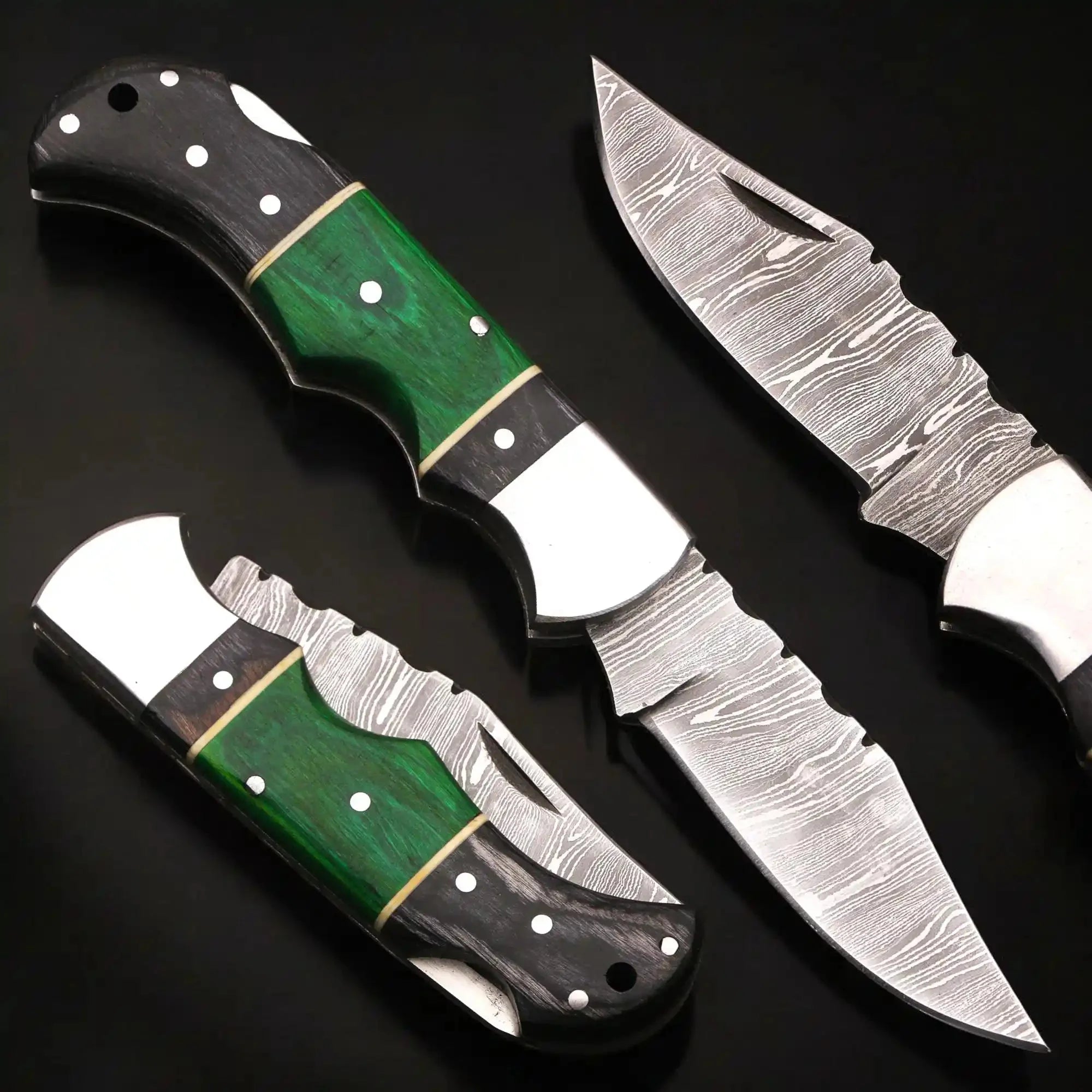 Damascus Folding Knife | Green & Black Dyed Wood Handle | Pocket Knife