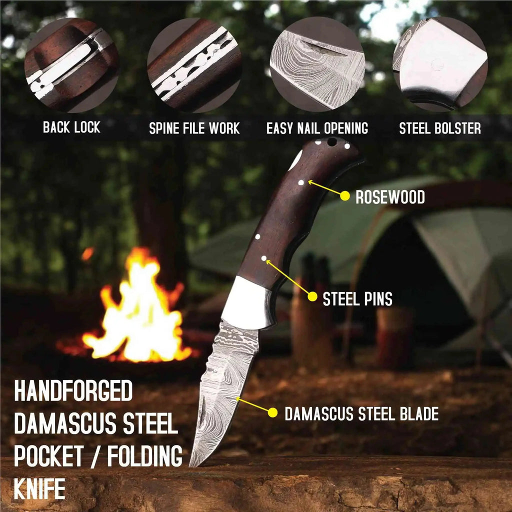 Damascus Folding Knife | Rosewood Handle Lockback | Pocket EDC Knife