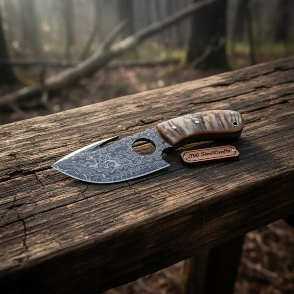 Damascus Gut hook Skinner Knife Raindrop pattern | two handle options